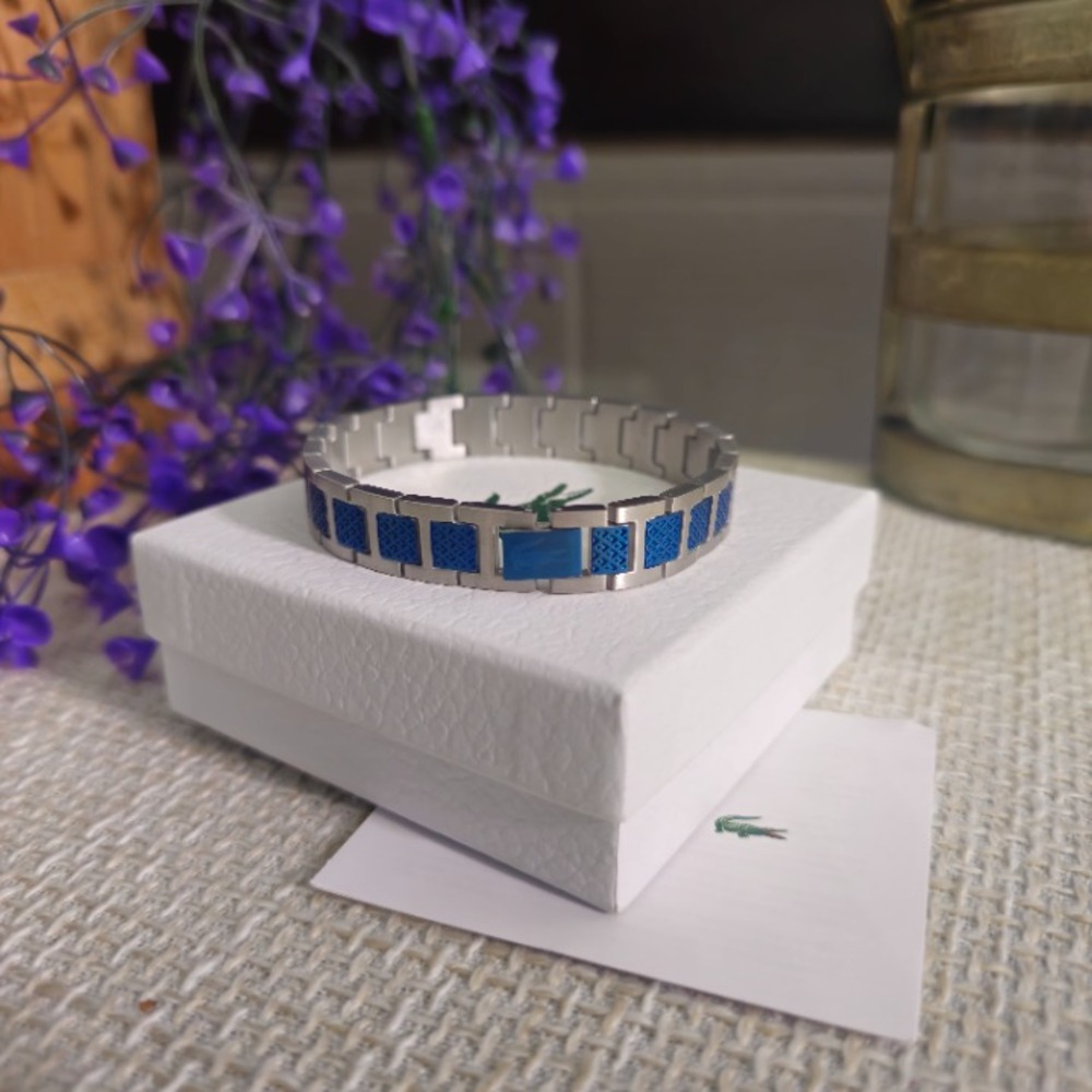 Lacoste Two Tone Blue Silver Woven Link Bracelet Stainless Steel 9in Unisex